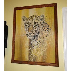 Vintage Phil Prentice Leopard Wood Framed Art Painting Print on Canvas mcm tiki